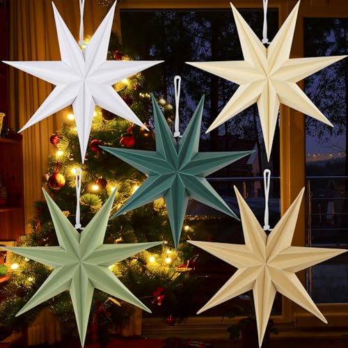 EASY JOY 5er Set Papiersterne 30cm Salbeigrün Faltstern Weihnachten Dekoration Dunkelgrün 9 Zacken Weiß Salbeigrün Faltsterne Party Deko für Weihnachtsdeko Hochzeit Geburtstag Tischdeko