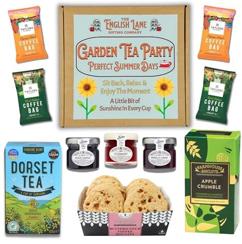 Tea Party Gift Box - Dorset Sunshine Blend Tea, Apple Crumble Biscuits, Butterscotch Toffee, Pure Clear Honey, Strawberry & Blackcurrant Jams – The Perfect Afternoon Delight for Elegant Occasions