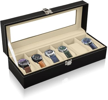 Agatige Uhrenbox aus Echtholz für 6 Uhren mit Glasfenster, Schloss aus Metall, Uhrenhalter Uhren Box aus PU Leder und Samt Innenfutter, Uhrenbox Herren Frauen