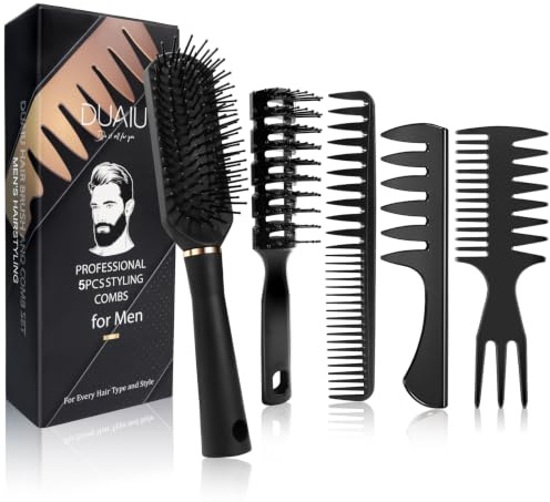 DUAIU Hair Brush Men 5Pcs Mens Hair Comb Mens Comb Set Styling Brush Paddle Brush Heat Resistant Vent Wide Tooth Comb Texture for Blow Drying Cutting Slick Back Detangling Hairdressing
