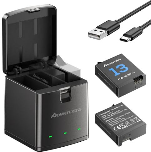 Powerextra Replacement Hero 13 Battery Charger Kit - 2-Pack 2100mAh Enduro Rechargeable Batteries with 3-Channel Fast Charger, Fully Compatible with Hero 13 Black for Reliable Performance