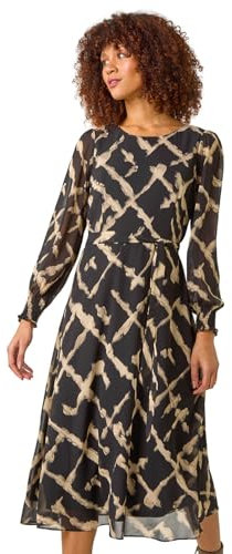 Roman Originals Floral Print Shirred Midi Dress for Women UK - Ladies Everyday Holiday Spring Summer Round Neckline Comfy Soft Evening Vacation Work Party - Black - Size 20