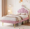 Aptliton Single Bed Frame, Soft Velvet Upholstered Bed, 3ft Shell Shape Bed with Removable Crown, Adjustable Headboard, Golden Iron Legs, Wooden Slatted Frame, 90 * 190cm, Pink