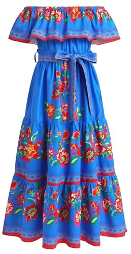 IDOPIP Vestido mexicano para niñas, bordado tradicional, floral, volantes, hombros descubiertos, con cinturón, para fiesta del Cinco de Mayo