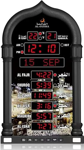 Telawah Azan Uhr, Athan Wanduhr, LED muslimische Gebetsuhr, Lesen Haus/Büro/Moschee Digital Azan Uhr Home Decor (Black)