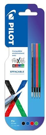PILOT Nachfüllpack für radierbaren Frixion Ball, 4 Farben, feine Spitze, 0,5 m, 4 Stück