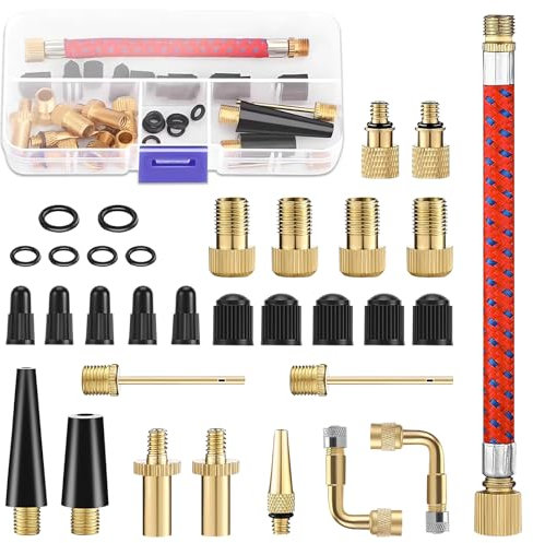 Yesimola Embout Pompe Vélo 32 Pièces, Embout Gonfleur Ballon avec Boîte de Rangement, Adaptateur de Valve de Vélo DV AV SV, Vélo Pompe Valve Connecteurs, Adaptateur d'aiguille de Pompe