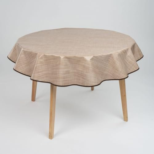 laro 160cm runde Wachstuch Tischdecke abwaschbar Wachstuchtischdecke mit Saum-Eingefasst-Paspelband, Muster:Leinenoptik Beige Braun, Größe: Rund 160cm