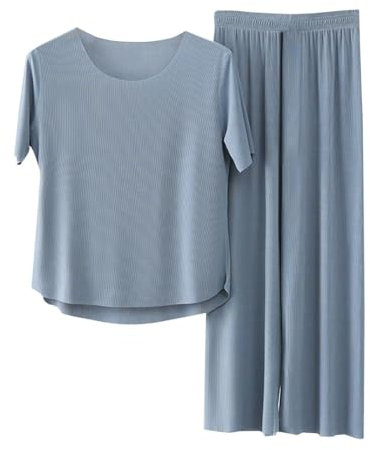 HEONSATI Tuta Lino Uomo e Donna Estiva, Completo 2 Pezzi Casual per Spiaggia Tute Maglietta a Manica Corta e Pantaloni Tuta da Casa Seta di ghiaccio Pigiama Completo Elegante Casual Curvy