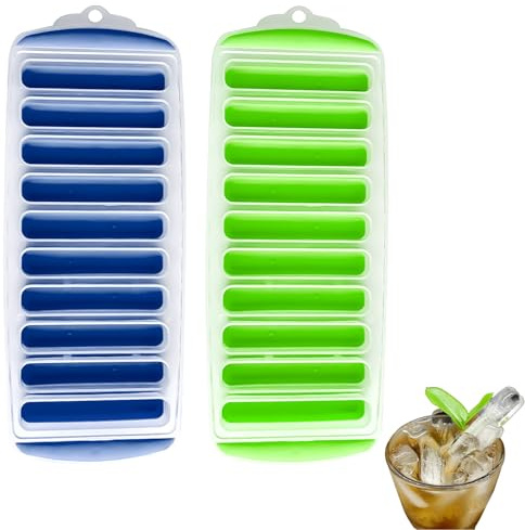 2pcs Ice Cube Tray, Ice Stick Trays Easy Release Reusable Ice Cube with No-Spill Removable Lid Ideal for Chilling Beverages and Water Bottles Whiskey Cocktail, Blue and Green, 10 Cavities