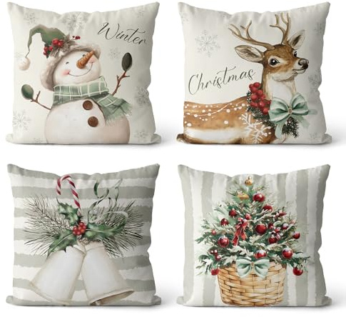 Weihnachten Kissenbezug 45x45 cm- 4er Set Kissenbezüge mit Verstecktem Reißverschluss, Kissenhülle Weihnachten für Weihnachtsdeko Innen, Aesthetic Deko Wohnzimmer Sofa Schlafzimmer Pillow Cover
