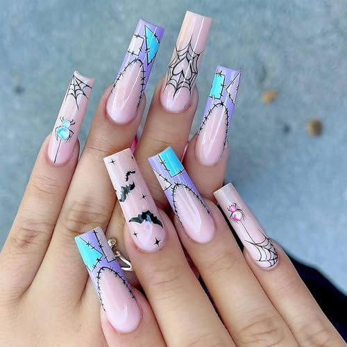 Halloween False Nails Long - 24PCS Halloween Press on Nails - 12 Sizes Long Sqaure Fake Nails with Glue - Stick on Nails with Bat Spider Web Pattern - Glossy Full Cover Acrylic Nails for Women Girls