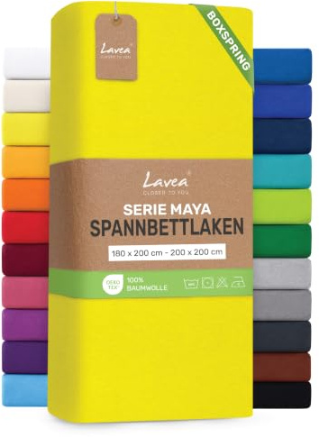 Lavea® Spannbettlaken 180-200x200 cm - für Boxspringbett – Sonnengelb | Jersey Spannbetttuch mit 40 cm Steghöhe, 100% Baumwolle, weich, atmungsaktiv, pflegeleicht, formstabil – Perfekte Passform
