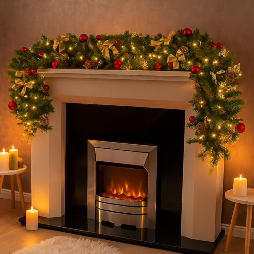 Marco Paul 6ft Red & Gold Pre Lit Christmas Garland with Warm White LED Lights - 180cm Battery Powered Indoor Xmas Garland - Luxury Christmas Decorations for Fireplace, Mantel & Staircase