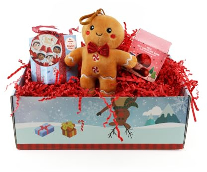 LOVETRENDS Boîte à friandises de Noël pour enfants – Porte-clés bonhomme en pain d'épices, bombe de bain elfe et bombe de chocolat chaud – Panier cadeau festif pour enfants et boîtes de réveillon de
