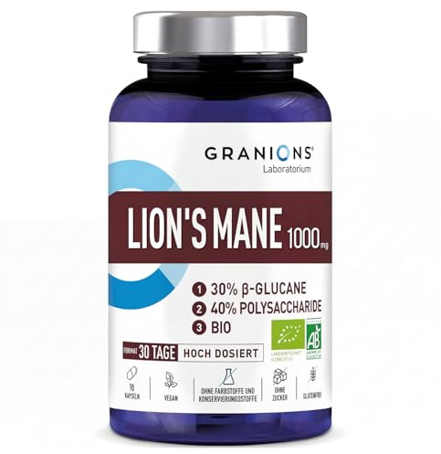 Lion's Mane Kapseln 1000 Mg - Pilz Extrakt Hochdosiert - Für Gedächtnis | Lion's Mane Bio Kapseln Hochdosiert - Löwenmähne Für Gedächtnis, Fokus, Konzentration & Geistige Leistung Täglich - GRANIONS