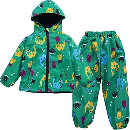 LZH Bambini Impermeabile Ragazzi Giacca con Cappuccio Dinosauro Cappotto + Pantaloni Set