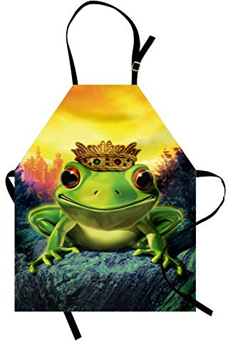 ABAKUHAUS Tier Kochschürze, Frosch-Prinz mit Krone, Unisex-Küchenlätzchen mit verstellbarem Hals für Kochen Gartenarbeit, 67 cm x 80 cm, Hellgrün Orange