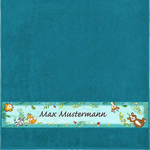 Manutextur Duschtuch mit Namen - Motiv Kinder - Wald - viele Farben & Motive - personalisiert - Petrol - Größe 70x140 cm - persönliches Geschenk