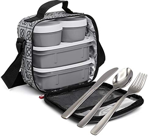 PracticFood Kit Urban Food con Cubiertos en Acero Inoxidable 18/0 Niquel Free - Bolsa Térmica Porta Alimentos con 4 Tapers Herméticos. Panot BCN
