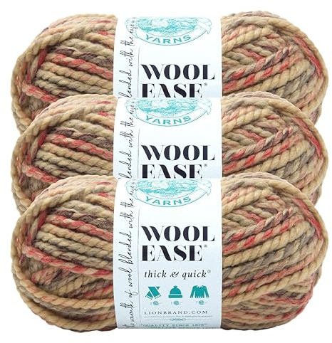 Lion Brand Yarn, Wool-Ease Thick & Quick Yarn, Jam Cookie Tan Multi, 3 Pack