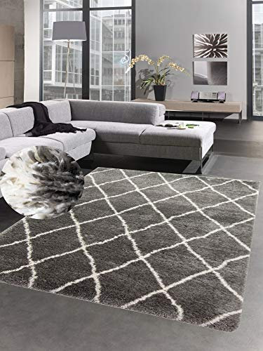 CARPETIA Shaggy Teppich Flokati Hochflor Rauten grau Creme Größe 120x160 cm