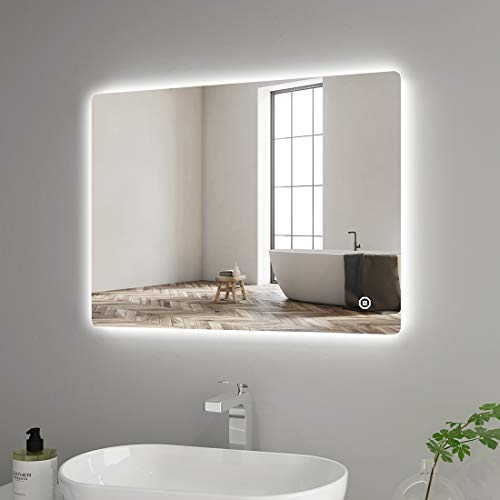 Heilmetz Badspiegel mit Beleuchtung 80x60cm, LED Badezimmerspiegel, 3 Lichtfarben 3000K/4000K/6500K, Dimmbar, Touch-Schalter, Spiegel mit Beleuchtung, Vertikal/Horizontal Montage