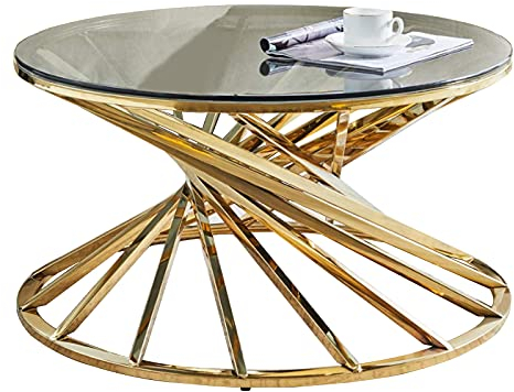 AINPECCA Golden Round Glass Coffee Table for Living Room- Stainless Steel Spiral Frame with Light Grey Tempered Glass- 80CM Modern Gold Sleek Center Table