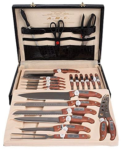 AMC Set di posate ed accessori da 24 pezzi realizzati in acciaio inox 18/10 lucido con manici manici in legno elegante