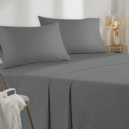 Parure De Lit 140x190/200 4 Pièces en Microfibre - Drap Housse 140x200 cm - Drap Plat 2 Personne 220x280 cm - 2 Taie d'oreiller 50x80 - Haute Qualité - Gris foncé