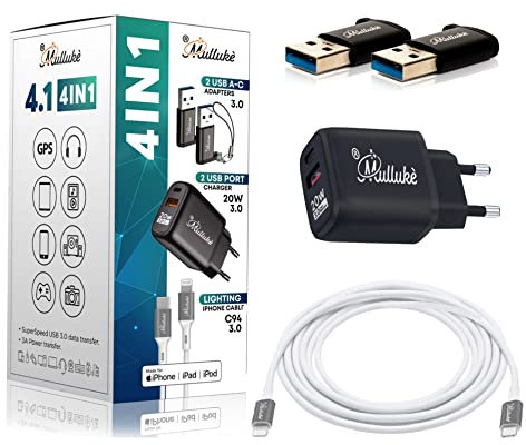 Mullukè Caricatore Iphone,Cavo Lightning Iphone Compatibile Certificato MFI Apple,Adattatore Usb C Usb,Caricabatterie Per Iphone X/Xr/11/12/13/Se/Se 2020/Mini/Ipad Pro/Ipad Air/Ipad Mini/Airpods Pro