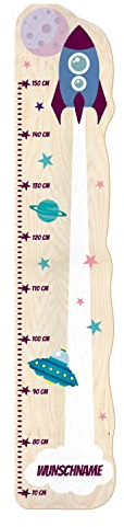 PrintPlanet® - Holz-Messlatte-Schmal mit Namen gestalten - Messlatte für Kinder personaliseren - Motiv: Rakete