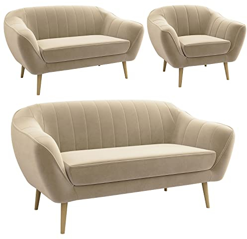 MKS MEBLE Moderne Sofa - Sofa Set 3+2+1 - Skandinavische Deko Polstersofa - Gaja Zwei Loungesofas und Sessel - Sechs Personen Beige