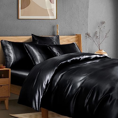 Manyshofu 6Pcs Black Satin Duvet Cover Set Queen Size with Satin Fitted Sheet - Not Comforter, Silky Comforter Cover Set Queen Duvet Covers and Sheets (4 Pillowcases, 1 Duvet Covers, 1 Fitted Sheet)