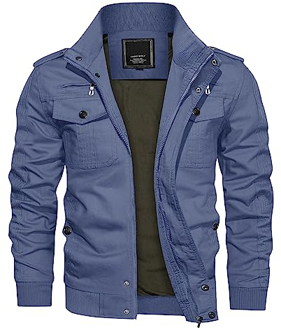 KEFITEVD - Giacca da uomo per le mezze stagioni, leggera, invernale,adatta per l'autunno, con colletto alto, in cotone, stile militare e cargo, giacca a vento, Blu Denim, XXL