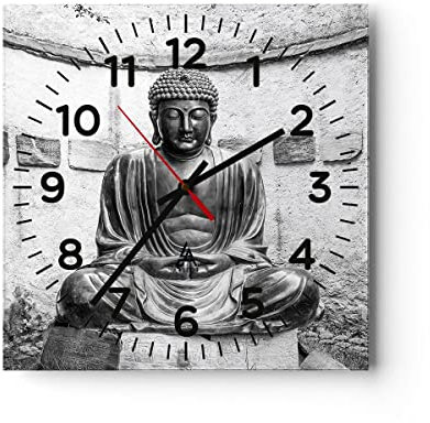 Modern Wanduhr Japanisch Buddha Statue 40x40cm Quadrat Groß Wand Uhr Glas Analog Zimmeruhren Küche Büro Wohnzimmer Glasuhr Wall Clock Dekoration Design Wanddekoration Küchenuhr C4AC40x40-4329