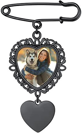 Custom4U Personalisierte Brosche Clip mit 2 Foto Gravur Edelstahl Herz Foto Broschen Anstecker Schwarz Memorial Brautstrauß Anhänger Broschen für Hochzeit Boutonniere Brautstrauß Pin Kit