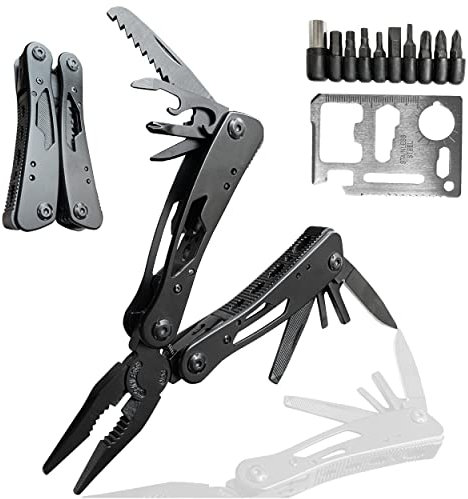 Navaja Supervivencia Multiusos, Multiherramienta de Supervivencia Militar Profesional con Alicates Multiusos de Acero Inoxidable. Alicates con Set de Destornilladores y Sierra Plegable (Negro)
