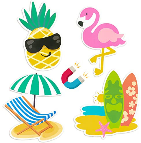 JAPBOR 4pcs Cruise Door Magnets Decorations Magnetic, Refrigerator Car Cabin Ship Magnet, Tropical Beach Summer Hawaii Decal, Flamingo Pineapple Surfboard Fridge Sticker for Home Kitchen Cabinet Decor