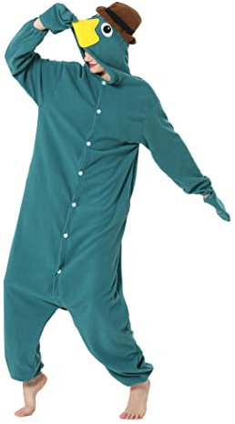 RANSUU Schnabeltier Kostüm Onesie Tier Jumpsuit Relaxo Kostuem Damen Herren Pyjama Halloween Schlafanzug Erwachsene Karneval Green L