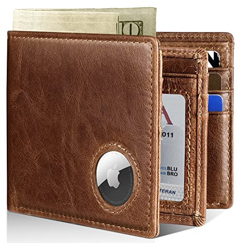 AirTag Wallet, Bifold Genuine Leather RFID Blocking Men's Wallet With AirTag Holder, 2 ID Windows, 12/13 Card Holders, Gift Box, Protective Film Included, Style 4, Brown