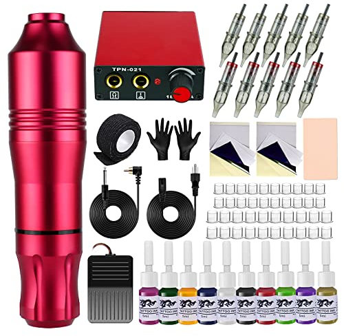 Kit De Tatouage Pistolet à Tatouer Avec Alimentation Stylo à Cartouche De Pigments Colorés Pour Machine à Tatouer Rotative Professionnelle Kit Professionnel Complet 20 Aiguilles à Cartouche(Rouge)