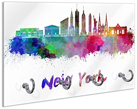 Wallario Schlüsselbrett aus Glas 30 x 20 cm, Wand Schlüsselhalter mit 4 Haken, Motiv: Städte als Aquarell - Skyline von New York