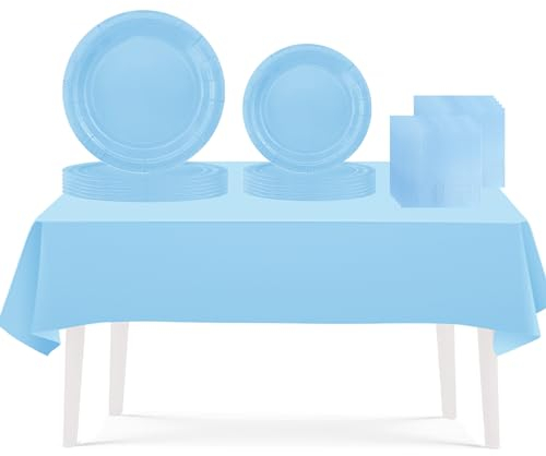 53PCS Light Blue Party Tableware Decorations for Kids Birthday,Disposable Party Tableware Set Tablecloth Table Covers,7inch&9inch Paper Plates,Paper Napkins for Xmas Birthday Wedding Party Favor