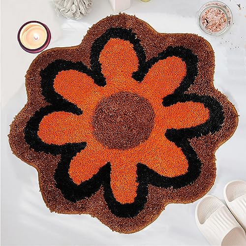 YRXRUS Halloween-Badezimmerteppiche, orange-braune Blumen-Badematte für Herbstdekoration, natürliche Badezimmermatten, ultraweiche und saugfähige Blumen-Badeteppiche, Akzent-Dusche, Badewanne,