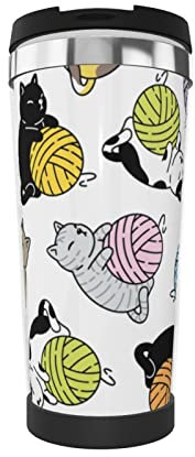 FJAUOQ Cat Playing Wool Ball Coffee Mug,Stainless Steel Double Vacuum Insulated Tumbler,Coffee Travel Mug Spill Proof with Lid,Suitable for Hot,Cold Coffee,Tea,Beer