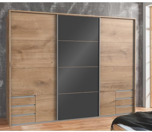 Lomadox Kleiderschrank Schwebetürenschrank 273cm, inkl. Passepartout-Rahmen, mit Schubkästen, Graphit und Eiche