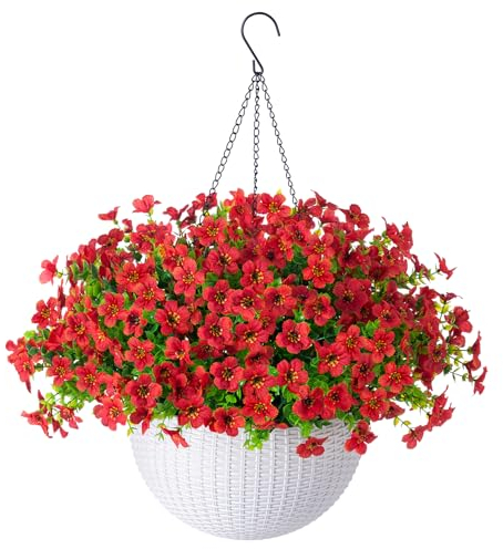 Künstliche künstliche hängende rote Blumen Pflanzenkorb für draußen Winter Weihnachten Kunstseide Mütter Gänseblümchen UV-beständig aussehen echt für Veranda, Terrasse, Balkon, Haus, Hof, Dekoration