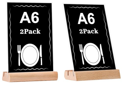 EACHPT Tischaufsteller A6, Acryl Tischaufsteller mit Holzfuß Buche 2 Stück A6 Hochformat Dualer Kartensteckplatz, Aufsteller Schild A6 Präsentationsständer für Firmen Büros,Menükartenhalter
