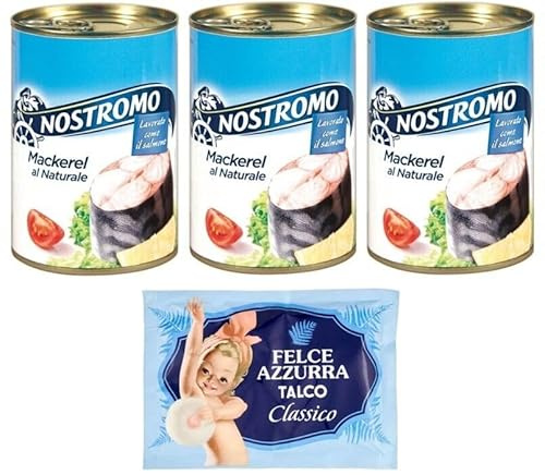 3er-Pack Nostromo Mackerel al Naturale,Natürliches Makrelenfilet, 425g Dose + 1er-Pack Kostenlos Felce Azzurra Talkumpuder, 100g-Beutel